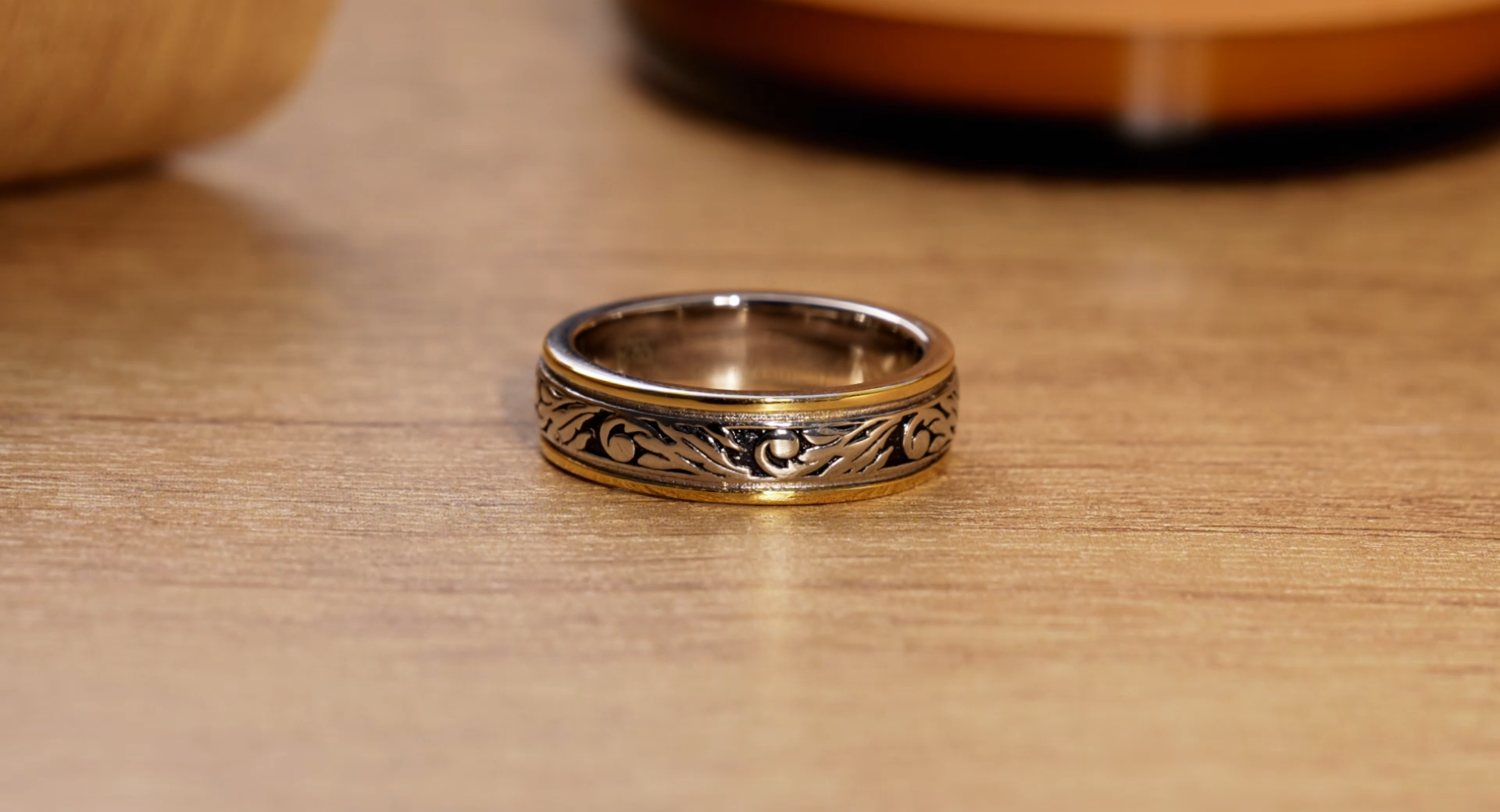 AVECON Wedding Ring, Unisex, Vintage Floral Vine Pattern, Two-Tone